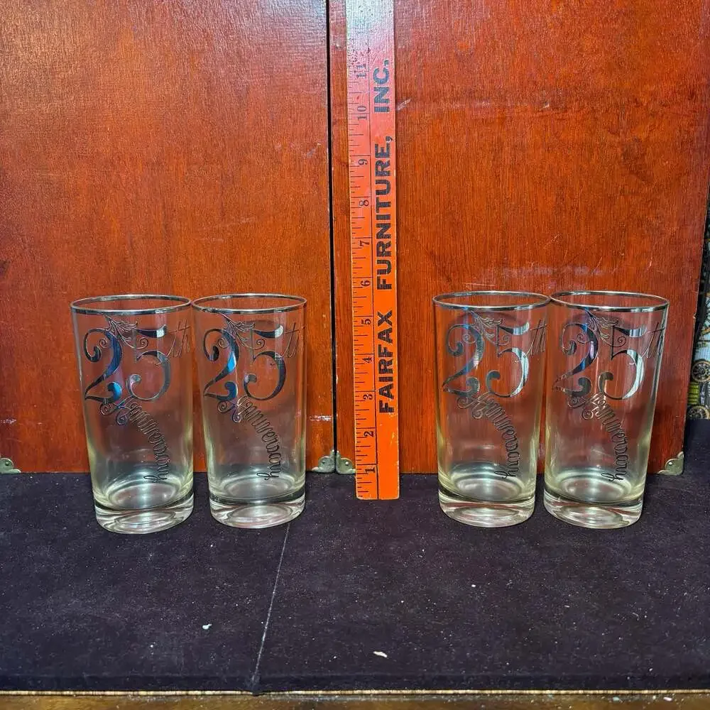 Set of 4 Vintage Mid-Century 25th Anniversary Silver Rim Highball Tumblers